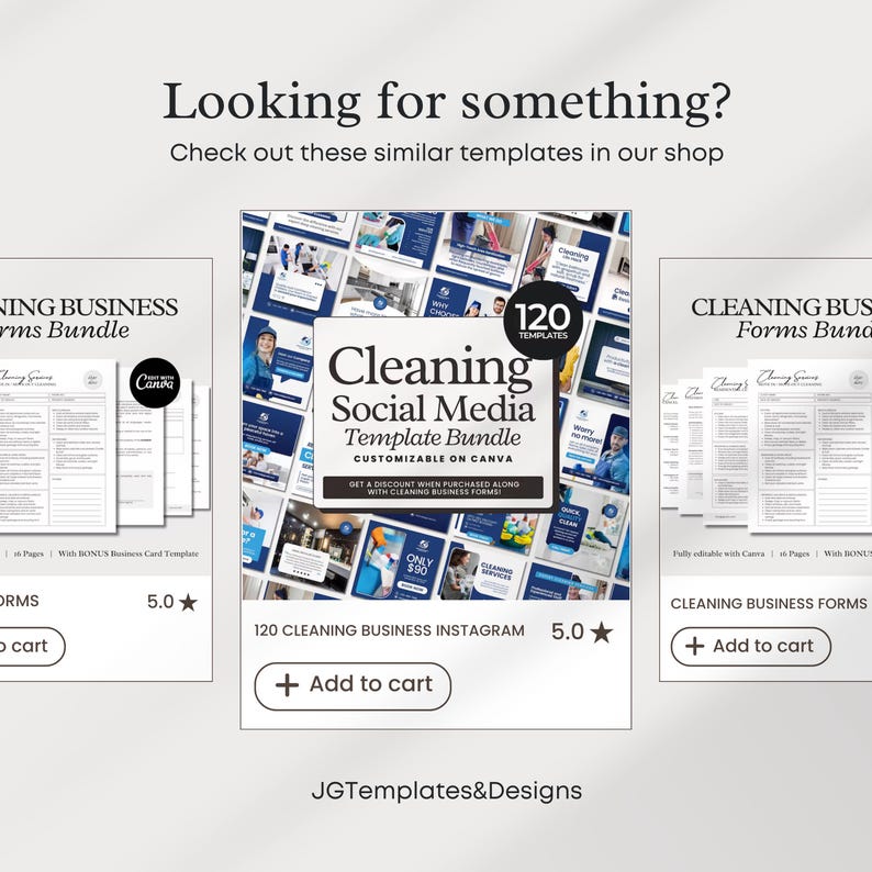 May include: Three digital product listings for cleaning business templates. The first listing is for a cleaning business forms bundle with a blue and white design. The second listing is for a cleaning social media template bundle with a blue and white design and the text "120 Templates". The third listing is for cleaning business forms with a blue and white design.