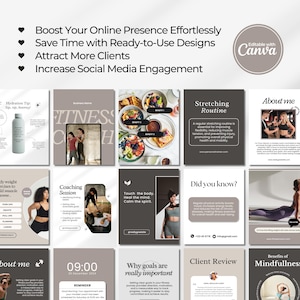 Editable fitness Instagram templates for personal trainers, wellness coaches, health coaches, and fitness instructors, featuring gym posts, carousel designs, fitness branding, and professional social media content.