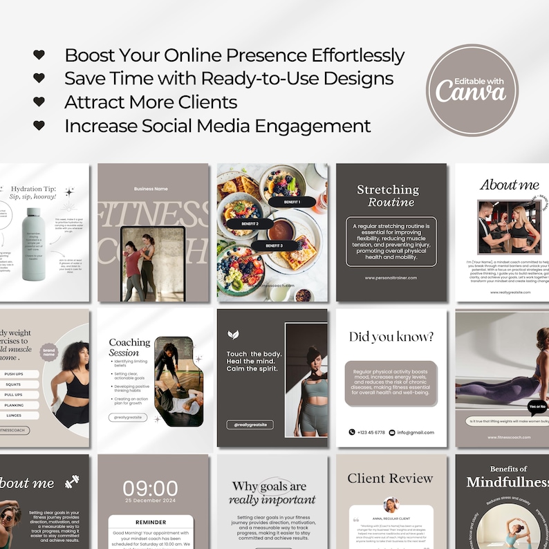 Editable fitness Instagram templates for personal trainers, wellness coaches, health coaches, and fitness instructors, featuring gym posts, carousel designs, fitness branding, and professional social media content.