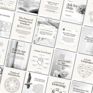 May include: A collection of informational cards with text and graphics related to mental health and therapy. Topics include anxiety, emotions, cognitive behavioral therapy, and coping strategies. The cards are arranged on a light background.