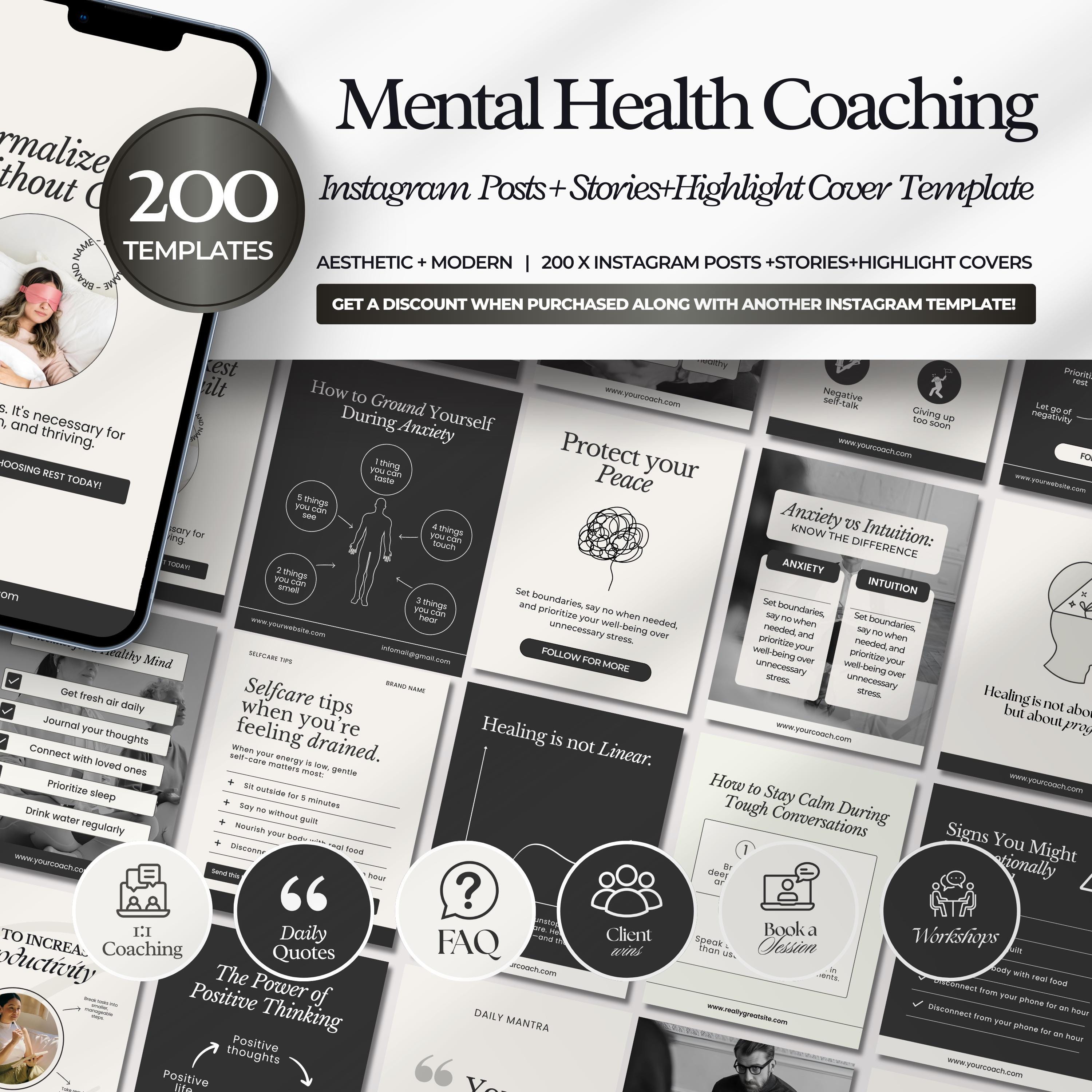 Paquete de Instagram sobre salud mental, kit de publicaciones sobre ansiedad, plantillas para redes sociales de terapeutas, infografías de autoayuda, autocuidado, plantillas de Canva