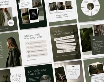 202 Dark Green Minimal Aesthetic Instagram Templates | Social Media Kit | Influencer & Business Bundle | Canva Instagram Posts Templates