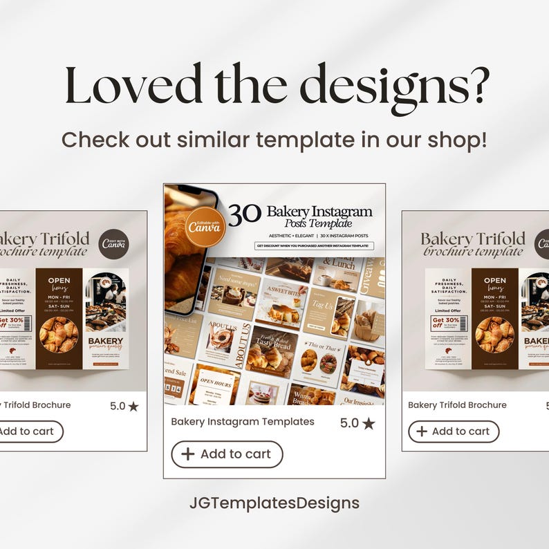 May include: A set of 30 Instagram post templates for bakeries. The templates feature a brown and white colour scheme with images of pastries and bread. The text on the templates includes phrases like "About Us", "Tasty Bread", and "Our Recipes".