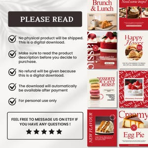 May include: A digital download for Etsy shop owners featuring a collection of social media graphics for a bakery. The graphics feature various desserts, including cakes, pastries, and pies, with a red and white colour scheme. The text on the graphics includes "Brunch & Lunch", "Happy Hours", "Desserts You Can't Resist", "New Cake Flavour", "Strawberry Shortcake", and "Creamy Egg Pie".