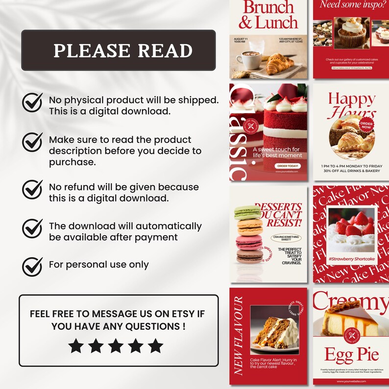 May include: A digital download for Etsy shop owners featuring a collection of social media graphics for a bakery. The graphics feature various desserts, including cakes, pastries, and pies, with a red and white colour scheme. The text on the graphics includes "Brunch & Lunch", "Happy Hours", "Desserts You Can't Resist", "New Cake Flavour", "Strawberry Shortcake", and "Creamy Egg Pie".