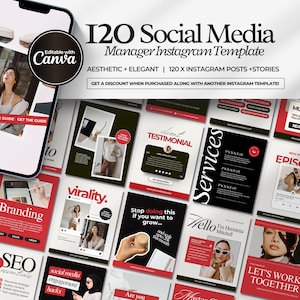 May include: A set of 120 social media post templates for Instagram. The templates are in a black and red colour scheme with white text. The templates feature a variety of designs, including quotes, testimonials, and calls to action. The text on the templates includes phrases like "virality", "social media engagement hacks", "stop doing this if you want to grow", and "let's work together".