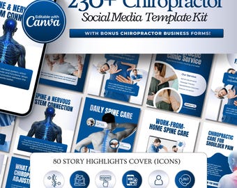 May include: A digital marketing kit for chiropractors, featuring a smartphone mockup and various social media templates. The design includes blue and white graphics with text such as "230+ Chiropractor Social Media Template Kit". Includes 80 story highlight covers.