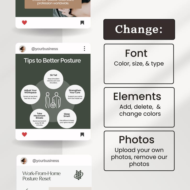 Editable chiropractic Instagram templates featuring chiropractor posts, clinic content, holistic health tips, chiropractic branding, educational carousels, and professional social media designs for chiropractic clinics and wellness practices.