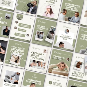 May include: A collection of social media posts with a green and white color scheme. Each post features the word "Psychologia" and text related to mental health, such as "You're just scared of letting go" and "Certainty before you decide."