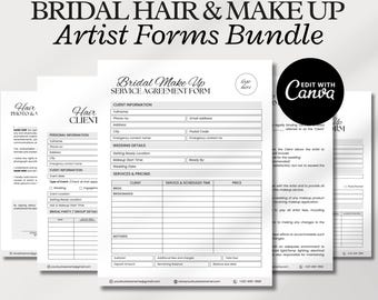 May include: A black and white printable bridal hair and makeup artist service agreement form bundle. The form includes sections for client information, wedding details, services and pricing, and a signature line. The form is fully editable with Canva and includes a bonus invoice template.