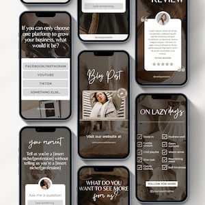 May include: A collection of social media post templates for a blog or business. The templates feature a variety of designs, including a quote, a blog post, a question, and a list of tips. The templates are all in a neutral color palette with a modern aesthetic.