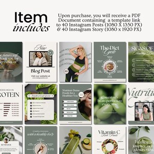 May include: A set of 9 Instagram post templates for a health and wellness brand. The templates feature green and white color schemes with images of food, fitness, and motivational quotes. The text on the templates includes phrases like "The Diet Cycle", "Nutrient-Dense Foods", "Consistency Beats Perfection", and "Wellness is a Journey, Not a Destination".