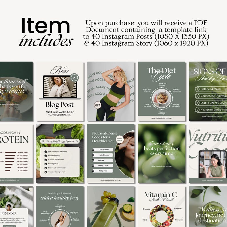 May include: A set of 9 Instagram post templates for a health and wellness brand. The templates feature green and white color schemes with images of food, fitness, and motivational quotes. The text on the templates includes phrases like "The Diet Cycle", "Nutrient-Dense Foods", "Consistency Beats Perfection", and "Wellness is a Journey, Not a Destination".