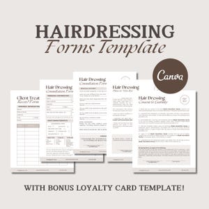May include: Four printable forms for hairdressing salons, including a client treatment record form, a consultation form, a price and value form, and a consent and liability form. The forms are designed in a minimalist style with brown text on a white background. The forms are designed to be used by hairdressers to collect information from clients and to provide them with important information about the services they are receiving.
