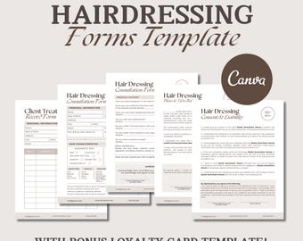 May include: Four printable forms for hairdressing salons, including a client treatment record form, a consultation form, a price and value form, and a consent and liability form. The forms are designed in a minimalist style with brown text on a white background. The forms are designed to be used by hairdressers to collect information from clients and to provide them with important information about the services they are receiving.