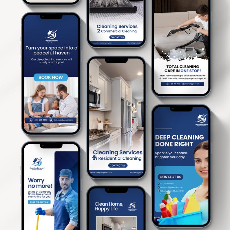 Editable cleaning business Instagram templates featuring residential and commercial cleaning service posts, house cleaning promotions, price lists, flyers, and professional social media designs for cleaning companies.
