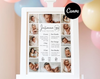 Cartello minimalista per il primo compleanno, poster stampabile per il primo anno del bambino, cartello modificabile per il primo compleanno, modello di collage fotografico