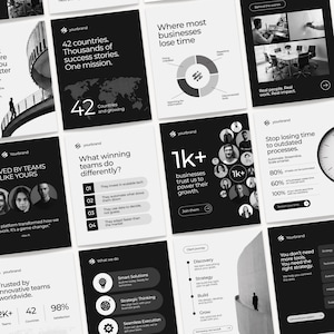 Può includere: Una collezione di grafiche di marketing in bianco e nero con testi orientati al business, grafici di dati, ritratti di membri del team e immagini architettoniche astratte, che includono elementi di branding, statistiche e diagrammi di processo.