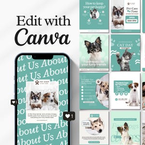 Editable pet care Instagram templates for veterinarians, pet shops, grooming businesses, and dog walkers, featuring cat and pet posts, UGC content, Canva designs, and dog walking templates.