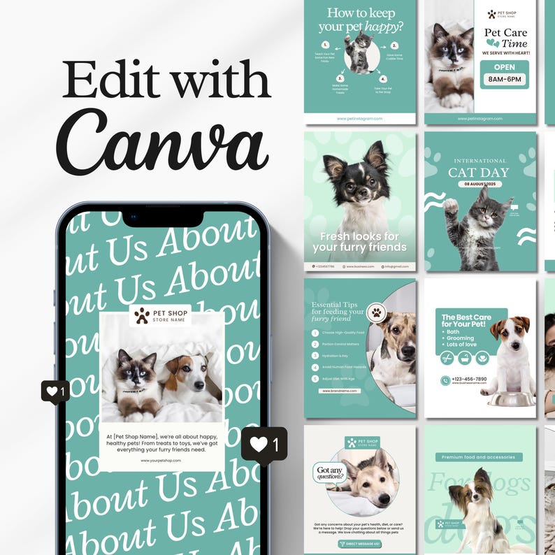 Editable pet care Instagram templates for veterinarians, pet shops, grooming businesses, and dog walkers, featuring cat and pet posts, UGC content, Canva designs, and dog walking templates.