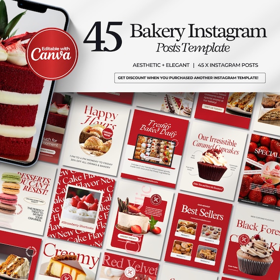 Bakery Instagram Templates, Cafe Instagram Template, Cake Shop, Bakery Branding Kit, Cafe Posts, IG Templates, Canva Templates