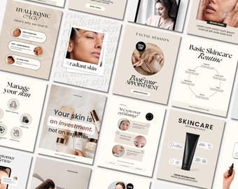 May include: A set of social media graphics for a skincare business. The graphics feature images of people with radiant skin, text about skincare products and services, and a call to action to book an appointment. The graphics are designed in a minimalist style with a neutral colour palette.