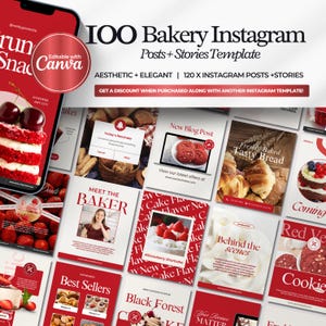 May include: A collection of 100 Instagram post and story templates for bakeries. The templates feature a red and white color scheme with images of various baked goods, including cakes, cookies, bread, and pastries. The text on the templates includes phrases like "Meet the Baker", "Best Sellers", "New Blog Post", and "Freshly Baked Tasty Bread".