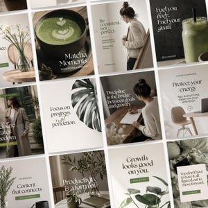 Peut inclure: Une grille de douze visuels pour réseaux sociaux présentant des images lifestyle incluant un matcha latte, une personne écrivant dans un carnet, des plantes vertes et des textes inspirants comme Matcha Moments, Focus on progress et Protect your energy.