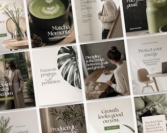 202 Green Aesthetic Instagram Templates for Coaches, Freelancer SMM Social Media Agency Pack, Content Creator Kit, Canva Instagram Templates