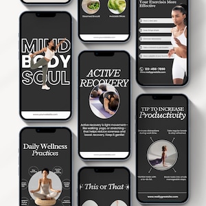 May include: A series of smartphone screens with wellness and productivity advice. The screens show text such as "Mind Body Soul", "Active Recovery", and "Tip to Increase Productivity". Images of yoga and healthy food are also present.