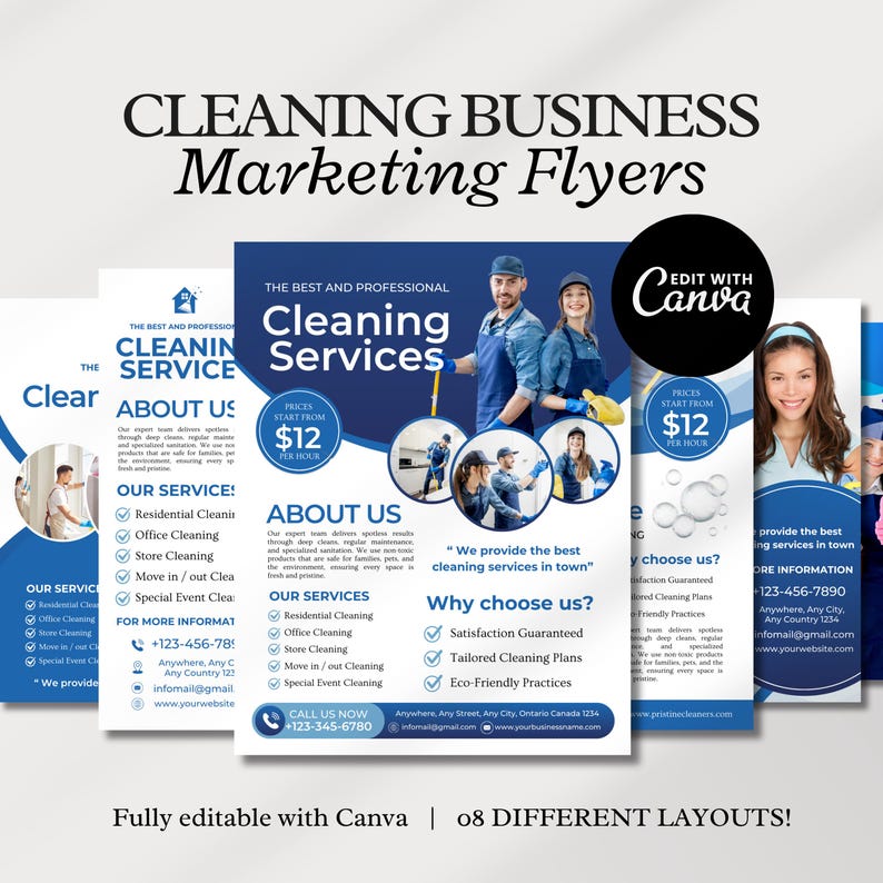 Editable cleaning business flyer template featuring residential and commercial cleaning services, professional company details, promotional offers, and a printable brochure design for cleaners and small businesses.
