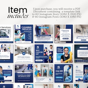 Editable cleaning business Instagram templates featuring residential and commercial cleaning service posts, house cleaning promotions, price lists, flyers, and professional social media designs for cleaning companies.