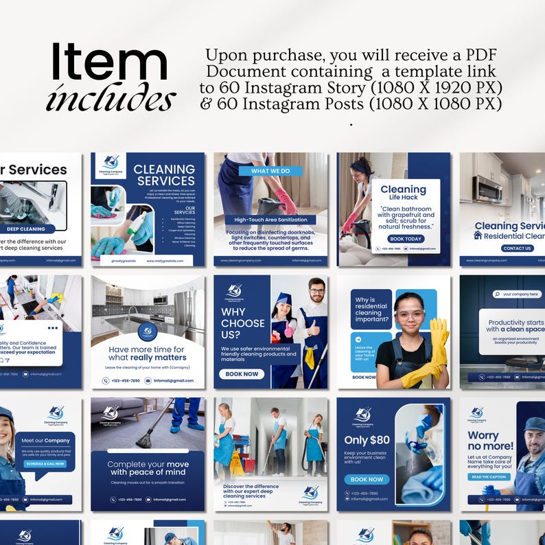 Editable cleaning business Instagram templates featuring residential and commercial cleaning service posts, house cleaning promotions, price lists, flyers, and professional social media designs for cleaning companies.