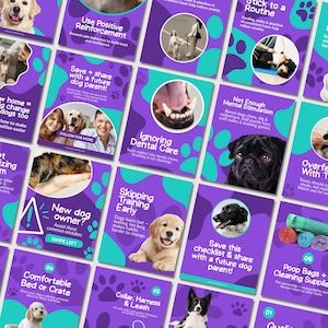 May include: A series of social media posts on a purple background with teal paw prints. The posts provide dog care advice, covering topics like positive reinforcement, dental care, and training. Each post includes images of dogs and text.