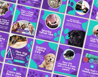 May include: A collection of social media posts on a purple background with teal paw prints. The posts offer dog care tips, including positive reinforcement, dental care, and training. Each post features images of dogs and text.