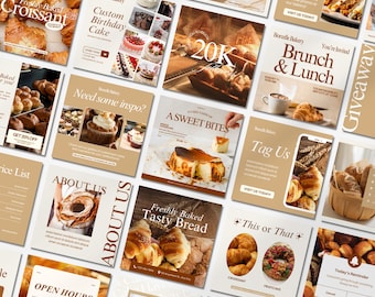 Instagram-sjablonen voor bakkerijen, Instagram-sjabloon voor cafés, taartwinkel, huisstijlkit voor bakkerijen, berichten voor cafés, Instagram-sjablonen, Canva-sjablonen