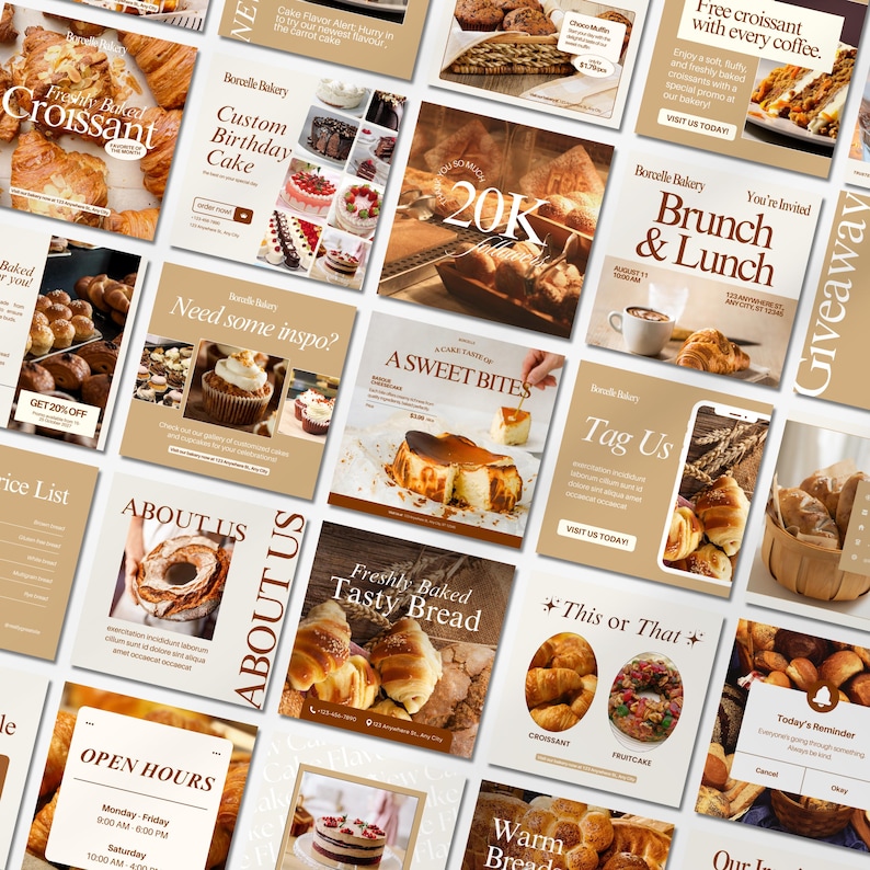 Editable bakery Instagram templates featuring cake posts, bakery menus, food photography, promotional carousels, Facebook and Instagram ads, and professional Canva designs for bakeries, cake shops, and food bloggers.