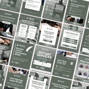 Può includere: Un collage di 12 post di Instagram che promuovono i servizi notarili. I post presentano uno schema di colori verde e bianco con testo che evidenzia i vantaggi dell'utilizzo di un notaio, come la prevenzione delle frodi e la garanzia dell'autenticità legale. I post includono anche informazioni di contatto e una call to action per prenotare un appuntamento con un notaio.