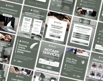 May include: A collage of 12 Instagram posts promoting notary services. The posts feature a green and white color scheme with text that highlights the benefits of using a notary, such as preventing fraud and ensuring legal authenticity. The posts also include contact information and a call to action to book a notary appointment.
