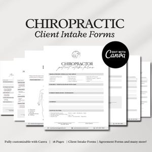 Könnte beinhalten: Eine Reihe weißer Chiropraktik-Patientenaufnahmeformulare mit schwarzem Text. Die Formulare enthalten Abschnitte für die Krankengeschichte, aktuelle Medikamente und Lebensstilfaktoren. Die Worte "CHIROPRACTIC Client Intake Forms" stehen oben. Vollständig anpassbar mit Canva.