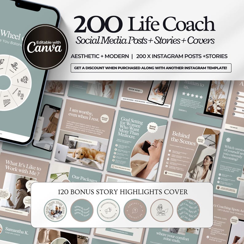 Editable life coach Instagram templates featuring mindset content, coaching posts, story designs, social media branding, and professional Canva layouts for coaches, therapists, and bloggers.