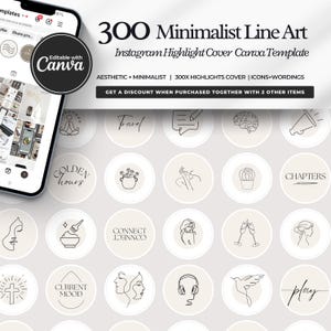 Op de afbeelding: Een digitale sjablonenset met 300 Instagram highlight covers in lijnkunst. De weergave toont een smartphonescherm en een raster van ronde iconen met zwarte lijntekeningen op beige achtergronden, inclusief teksten zoals Travel, Chapters en Connect.