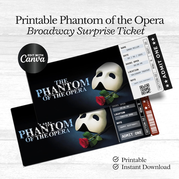 Printable PHANTOM of the OPERA Broadway Surprise Ticket. Editable Musical Theatre Faux Event Admission Keepsake. PDF Instant Download. Canva