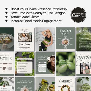 May include: A collection of 10 green and white social media graphics with text about health and wellness. The graphics feature images of food, a woman, and a bicycle.
