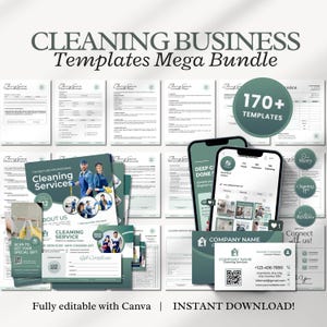May include: A collection of 170+ cleaning business templates for Canva. The templates include invoices, contracts, social media posts, gift certificates, and more. The templates are fully editable and can be customised to fit your business needs.