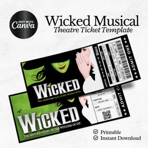 Druckbare Wicked Broadway Überraschungskarte, Wicked Musical Collectible Theaterkarte, bearbeitbares Musiktheater Faux Event Eintritt Souvenir