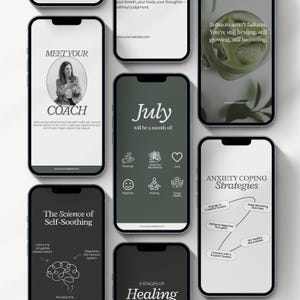 K&ouml;nnte beinhalten: Eine Ansammlung von Smartphones mit Inhalten zu Wellness und Selbstf&uuml;rsorge. Die Bildschirme zeigen Texte wie &bdquo;Meet Your Coach&ldquo;, &bdquo;Juli wird ein Monat von&ldquo; und &bdquo;Angstbew&auml;ltigungsstrategien&ldquo;. Das Farbschema ist haupts&auml;chlich Wei&szlig;, Schwarz und Gr&uuml;n.