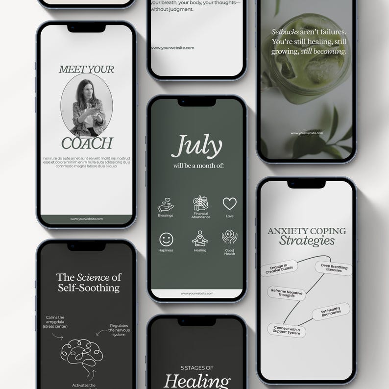 K&ouml;nnte beinhalten: Eine Ansammlung von Smartphones mit Inhalten zu Wellness und Selbstf&uuml;rsorge. Die Bildschirme zeigen Texte wie &bdquo;Meet Your Coach&ldquo;, &bdquo;Juli wird ein Monat von&ldquo; und &bdquo;Angstbew&auml;ltigungsstrategien&ldquo;. Das Farbschema ist haupts&auml;chlich Wei&szlig;, Schwarz und Gr&uuml;n.