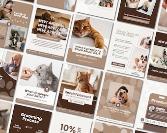 May include: A collage of images promoting a pet grooming and care business. The images feature dogs and cats of various breeds, with text overlays promoting services like grooming, neutering, and special discounts. The text "Pet's Story!" and "How to Capture the Best Pet Photos" are also visible.