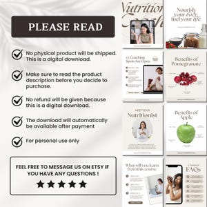 May include: A digital download product with various informational graphics. The image includes text that reads "PLEASE READ" with details about the digital download, and other graphics about nutrition, coaching, and health benefits.